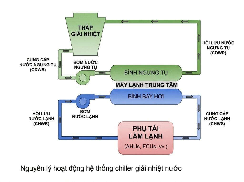 Nguyên lý hoạt động hệ thống Chiller giải nhiệt nước