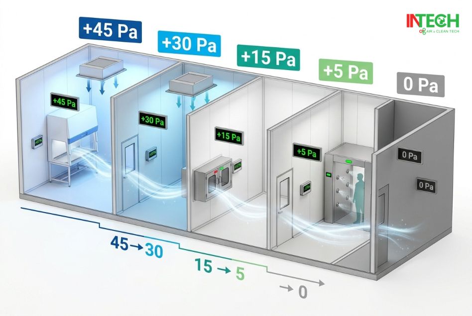 Phối cảnh 3D mặt cắt bậc thang chênh áp phòng sạch GMP từ Grade A 45Pa Grade B 30Pa Grade C 15Pa Grade D 5Pa kết hợp Air Shower và Pass Box khóa liên động
