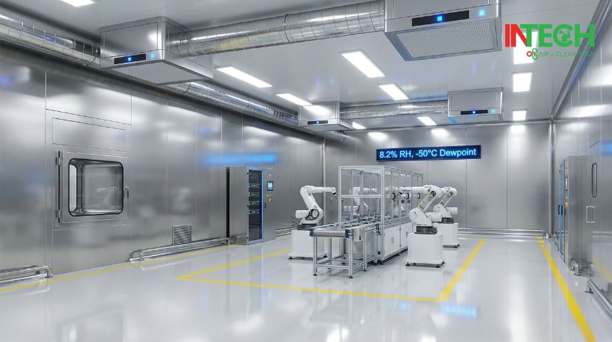 Khử Ẩm Sâu Cho Phòng Sạch: Bài Toán Kỹ Thuật Dry Room Dưới 10% RH Cho Sản Xuất Pin Lithium Và Dược Phẩm Nhạy Ẩm 2 Phòng sạch siêu khô Dry Room sản xuất Pin Lithium kiểm soát độ ẩm dưới 10% RH điểm sương âm 40 độ C kết nối hệ thống AHU khử ẩm sâu và Pass Box