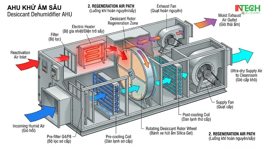 Khử Ẩm Sâu Cho Phòng Sạch: Bài Toán Kỹ Thuật Dry Room Dưới 10% RH Cho Sản Xuất Pin Lithium Và Dược Phẩm Nhạy Ẩm 1 Sơ đồ 3D nguyên lý hoạt động AHU khử ẩm sâu cho phòng sạch gồm 2 luồng khí độc lập Process Air cấp khí khô và Regen Air sấy hoàn nguyên qua bánh xe Desiccant Rotor